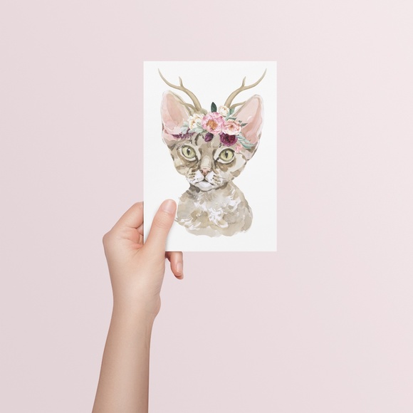 Watercolor Floral Devon Rex Cat Wall Art Illustration Print Poster Card Unframed - Picture 5 of 7